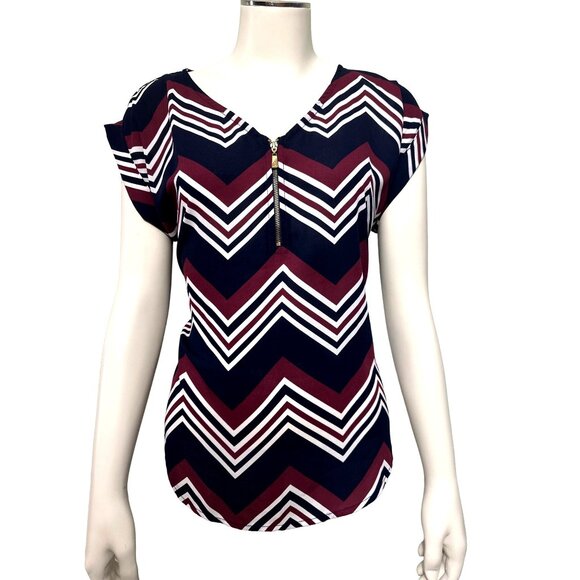 A'Gaci Sheer Chevron Print V Neck Blouse Large All Polyester Cap Sleeves - Picture 1 of 8